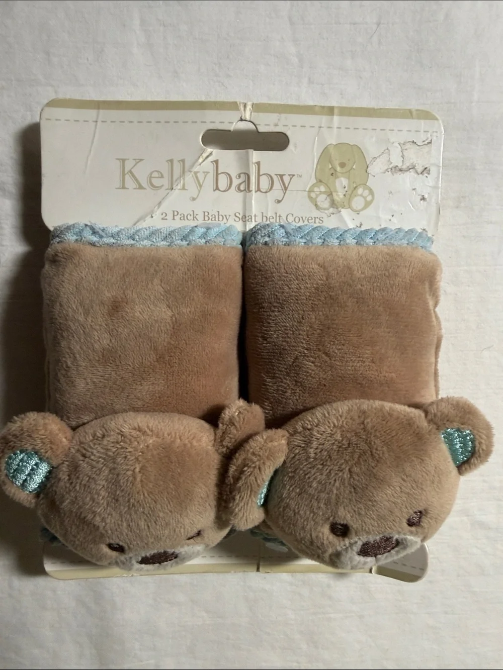 Plush Brown Bear Car Seat Belt Covers - Blue Trim (2 Pack)